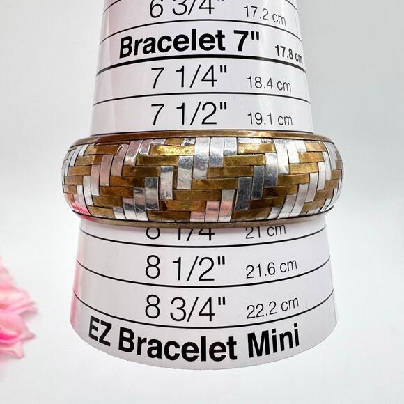 Vintage Two Tone Metallic Basketweave Bangle Bracelet Brass Silver Tone Chunky - Picture 10 of 12